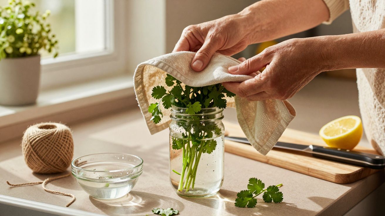 Manos secando cilantro en un frasco con agua en una cocina iluminada por el sol, limón y cuenco al fondo.