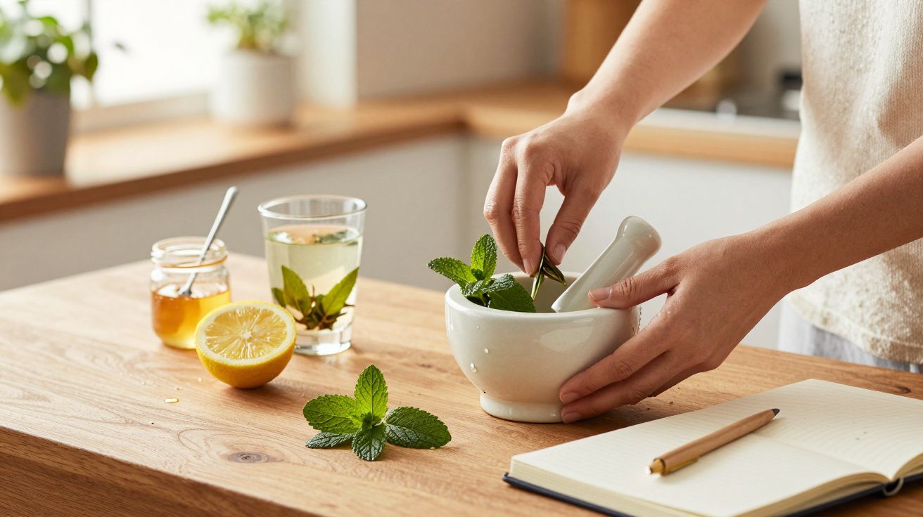 Persona triturando hojas de menta en un mortero, junto a una libreta y un vaso de limonada con miel en la mesa de madera.