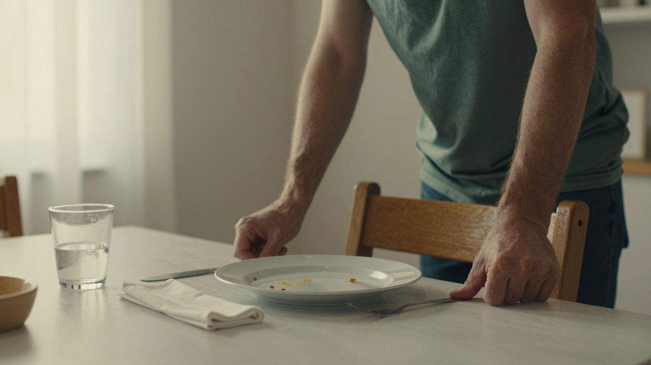 Hombre colocando un plato con restos de comida sobre una mesa, junto a un vaso de agua y una servilleta doblada.