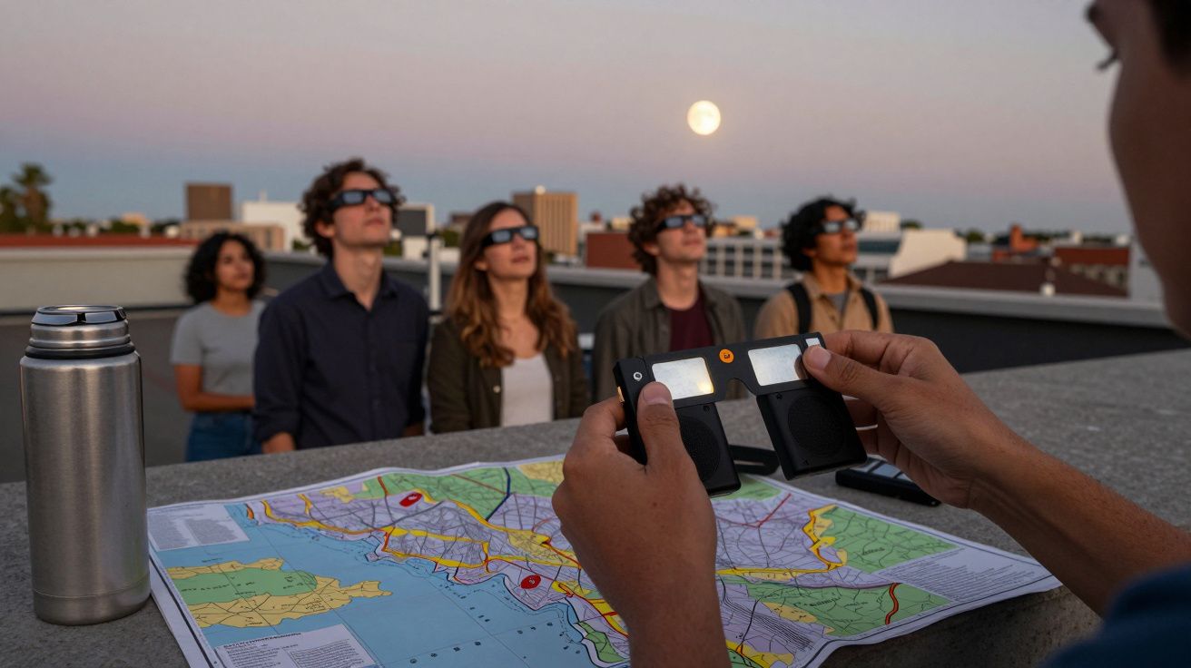 Grupo de personas con gafas solares observando el cielo al atardecer desde una azotea, mapa y termos en primer plano.