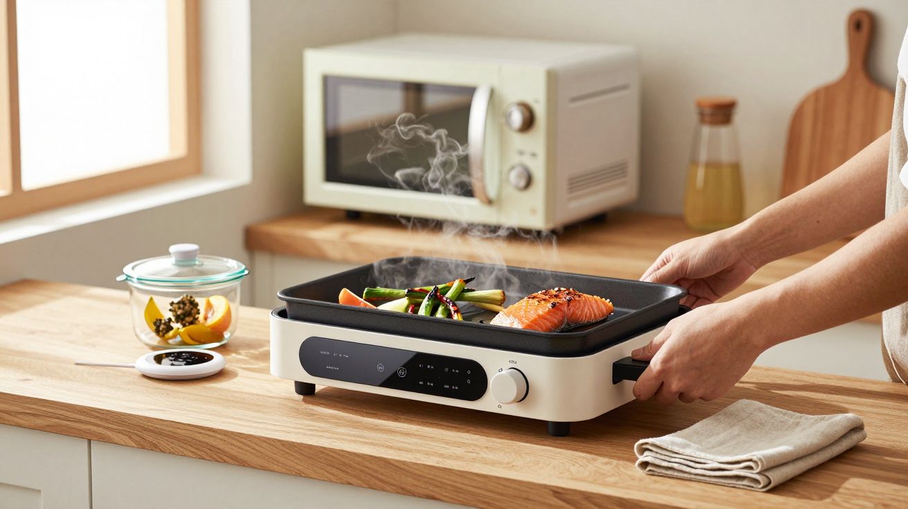 Persona cocinando salmón y verduras en una parrilla eléctrica en una cocina moderna con microondas y tarro de vidrio.