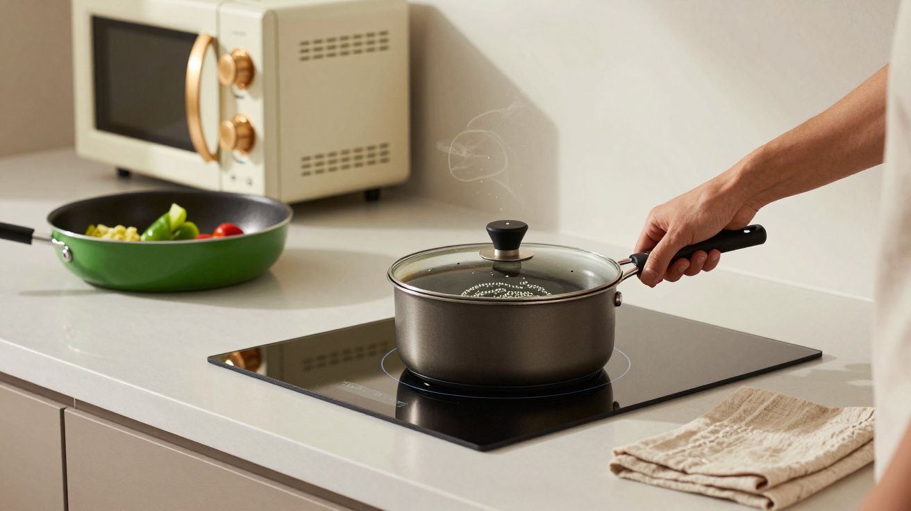 Mano sujetando una cacerola sobre una vitrocerámica, sartén con verduras al fondo y horno de microondas beige.