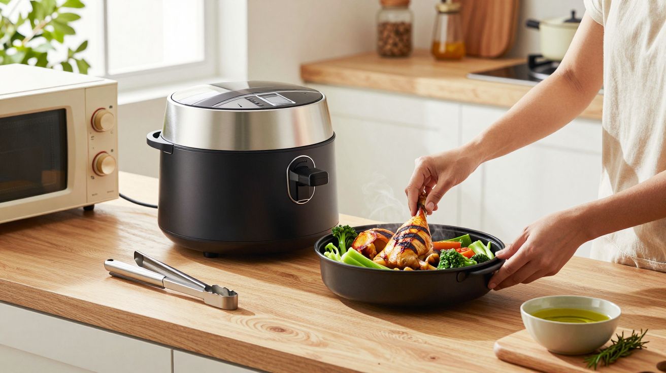 Persona cocinando pollo y verduras junto a una olla eléctrica en una cocina moderna.