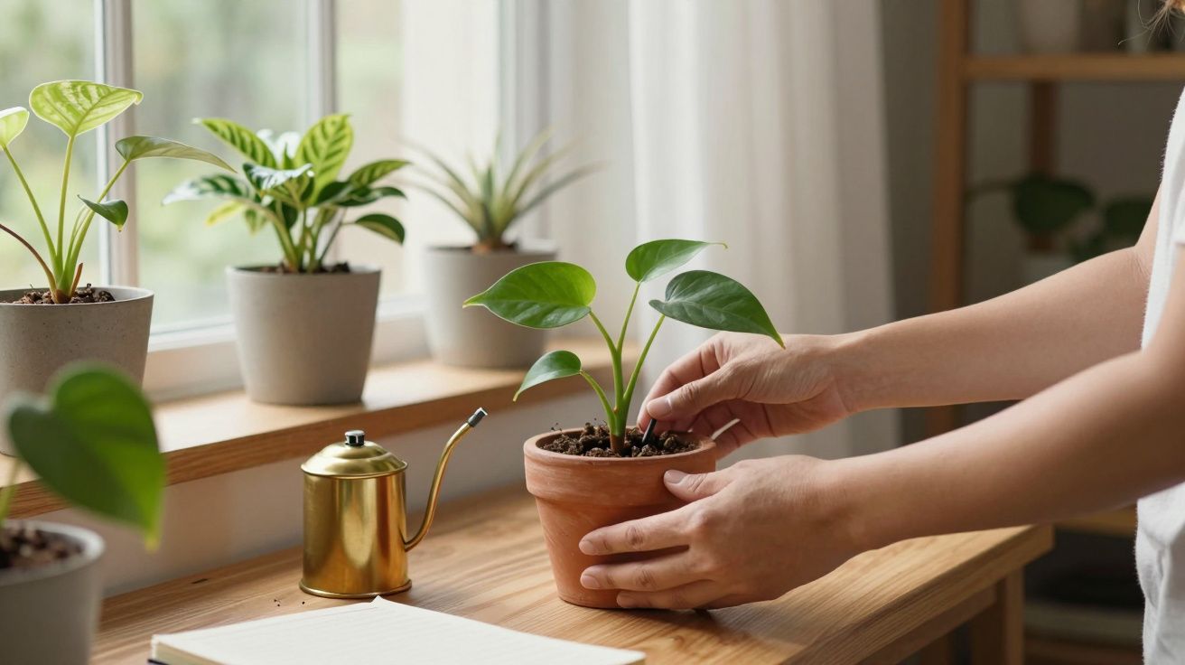 Manos cuidando planta en maceta cerca de ventana con regadera dorada y otras plantas alrededor.