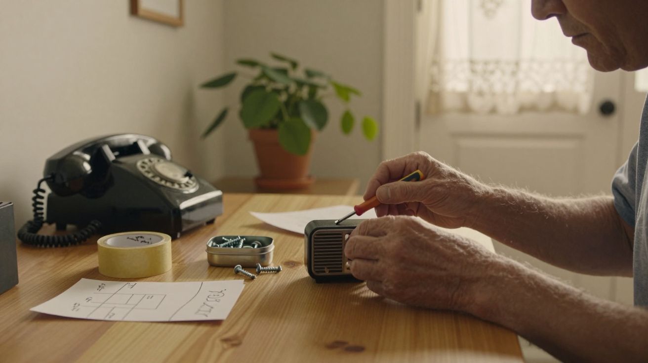 Manos trabajando en un dispositivo en una mesa de madera junto a un teléfono antiguo, cinta adhesiva y un plano.