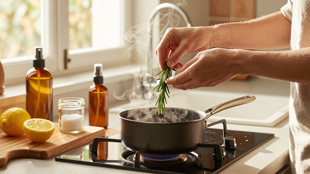 Manos agregando romero a una olla humeante sobre una estufa, con limones y sal en la encimera cercana.
