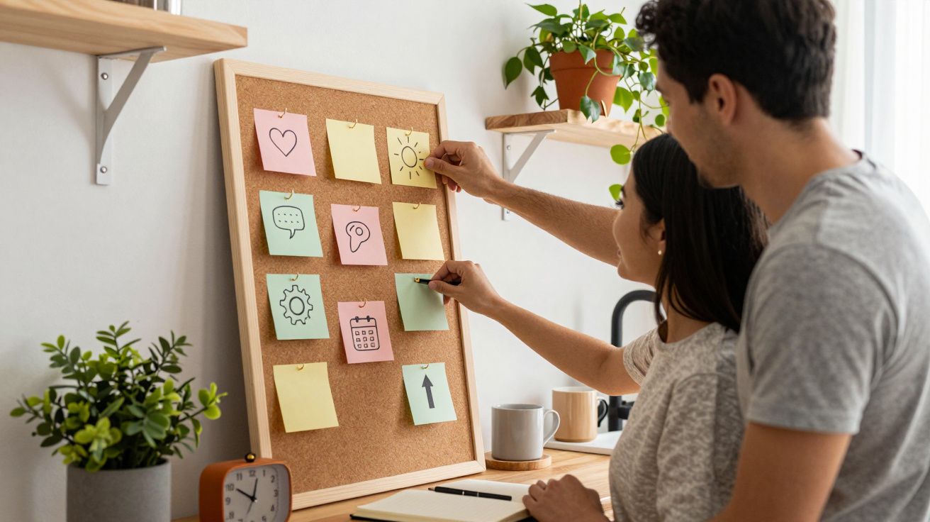 Dos personas organizan notas adhesivas de colores en un tablero de corcho en una oficina bien iluminada con plantas.