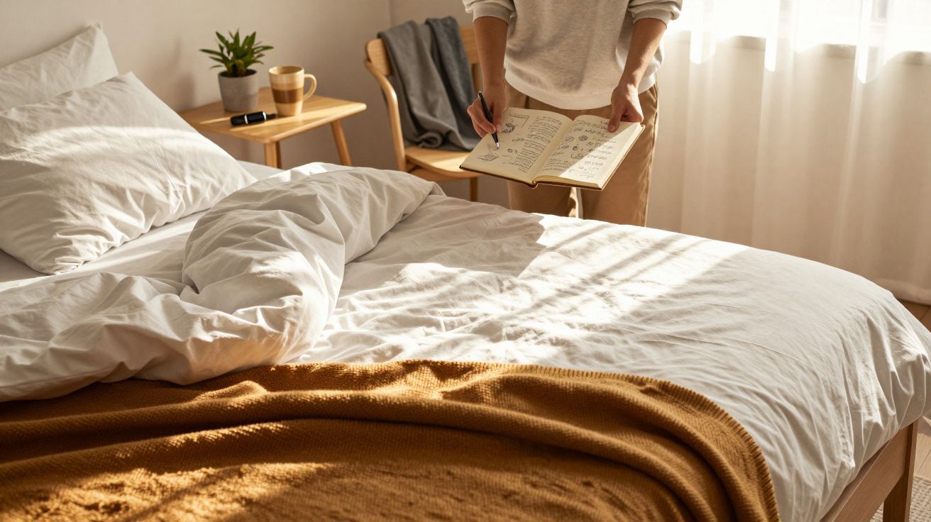 Cama desordenada con manta marrón, persona leyendo un libro cerca de una ventana soleada, planta y café en la mesa.
