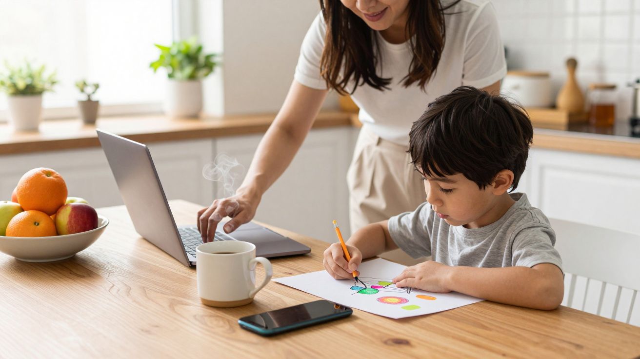 Mujer usando portátil mientras un niño dibuja en la cocina; taza de café, teléfono y frutas en la mesa.