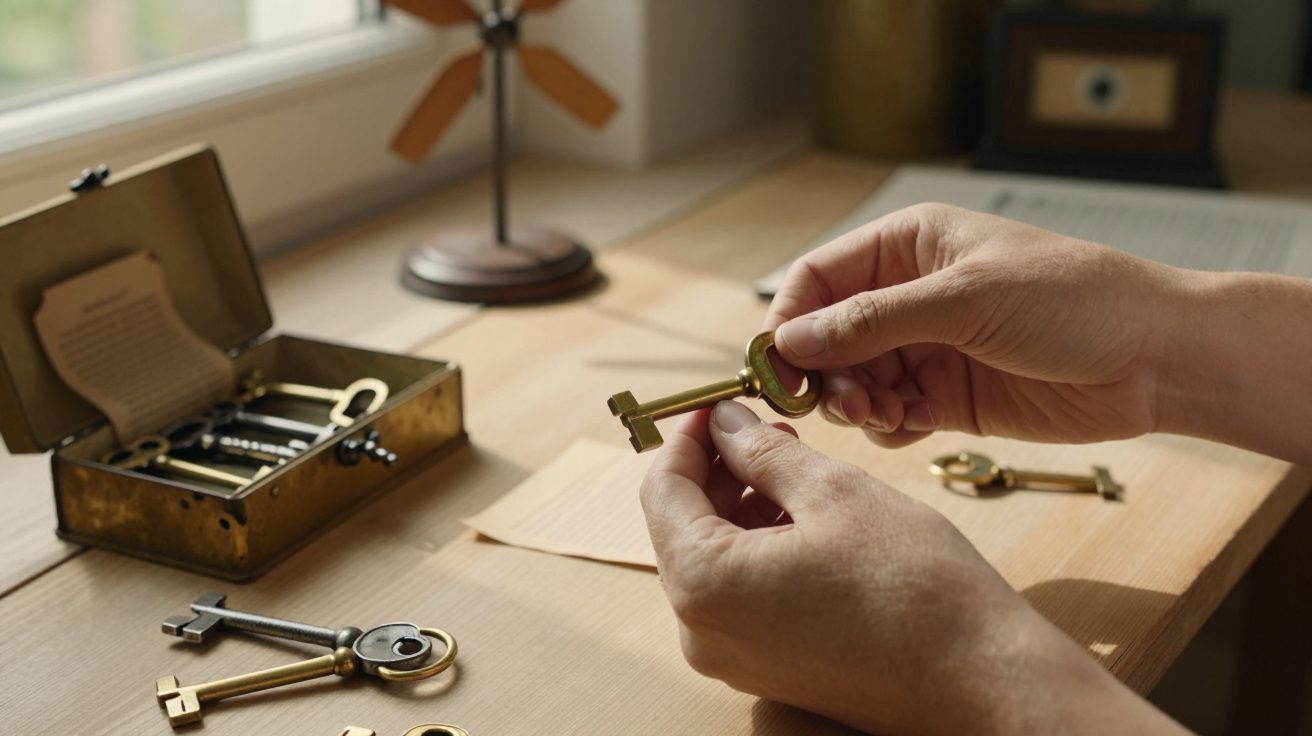 Manos sosteniendo una llave antigua dorada sobre una mesa de madera, con una caja de llaves en el fondo.