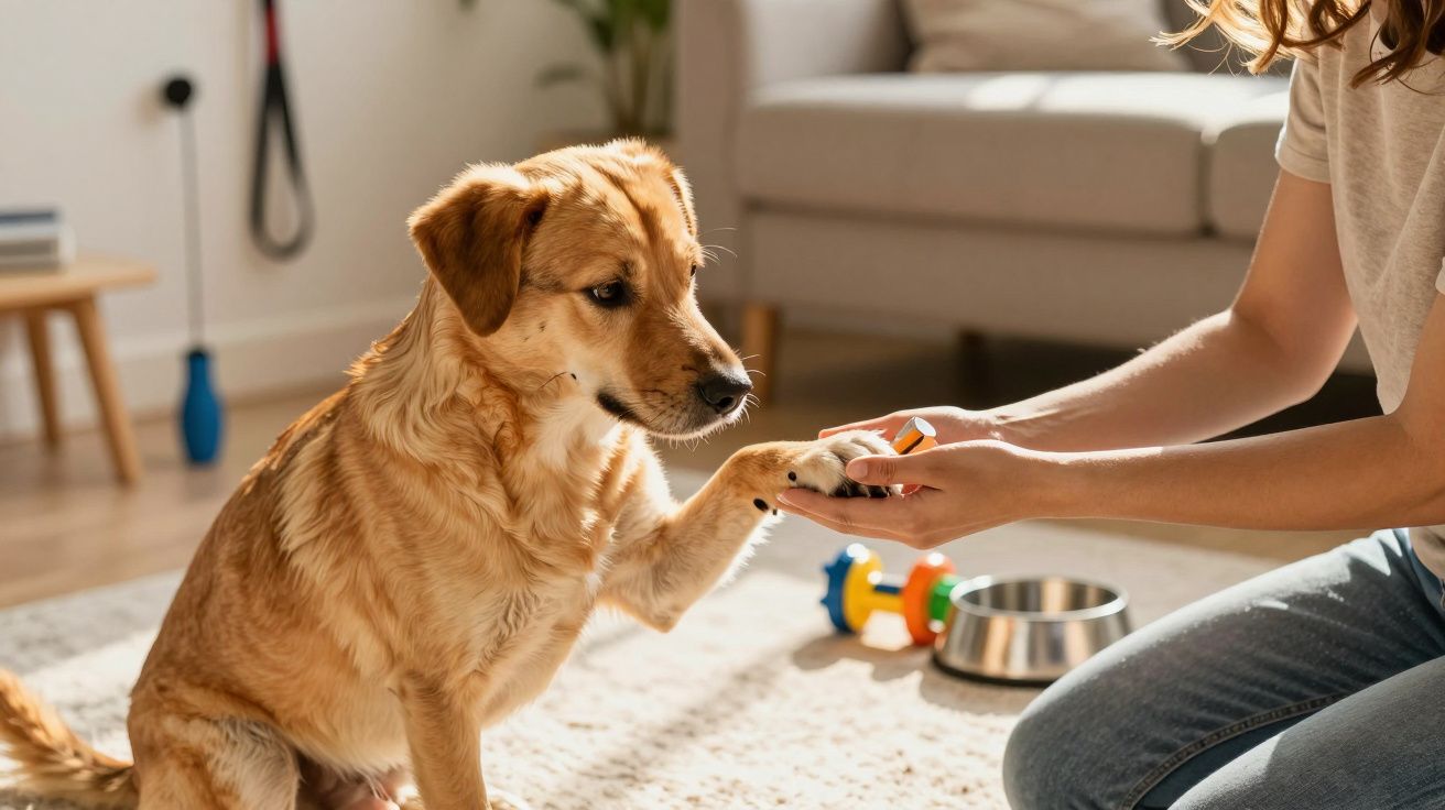 Perro marrón da la pata a una persona en una sala de estar iluminada por el sol, con juguetes y cuenco en el suelo.