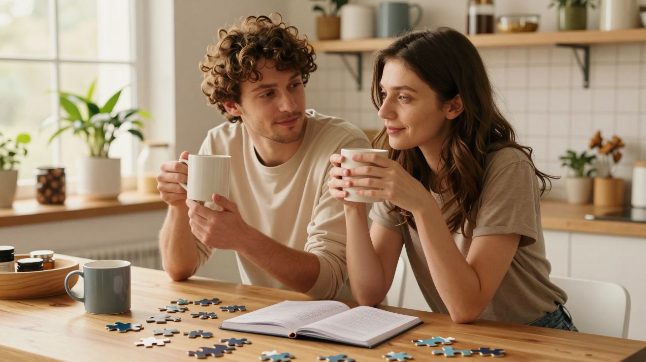 Pareja en mesa de cocina con tazas de café cerca, haciendo un rompecabezas. Ambiente cálido y hogareño.