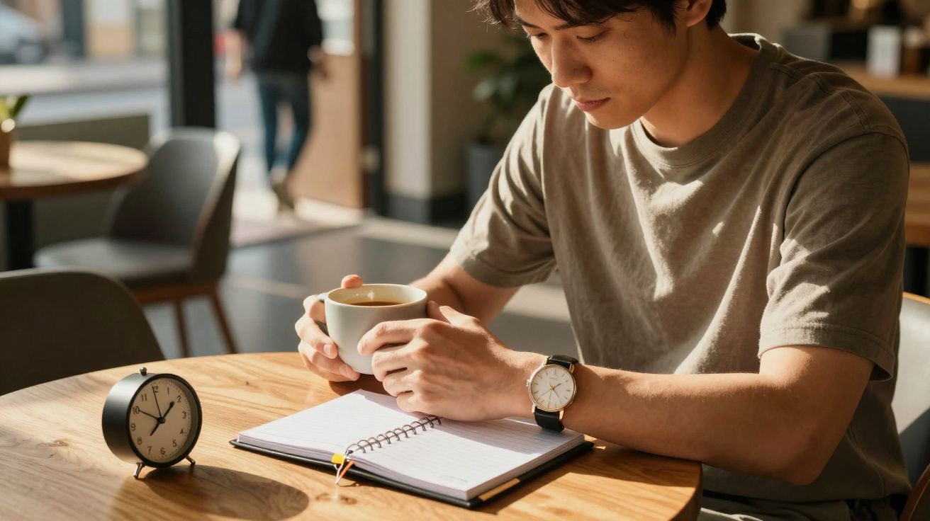 Hombre sentado en una cafetería, sosteniendo una taza de café, con un reloj y una libreta sobre la mesa.