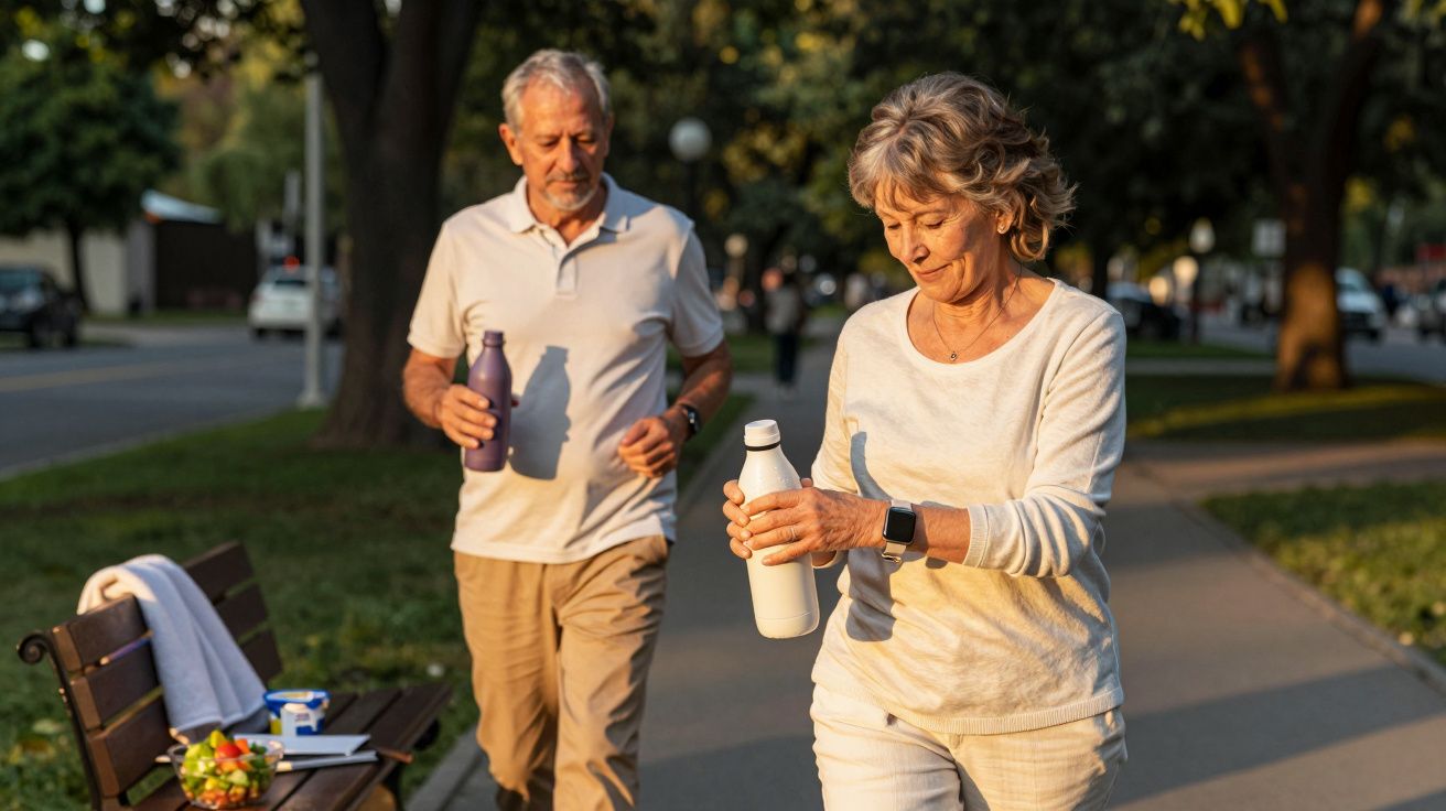 Personas mayores caminando en un parque, llevando botellas de agua.