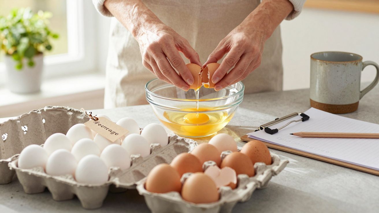 Persona rompiendo un huevo en un bol de cristal, rodeada de cartones de huevos blancos y marrones, taza y cuaderno.