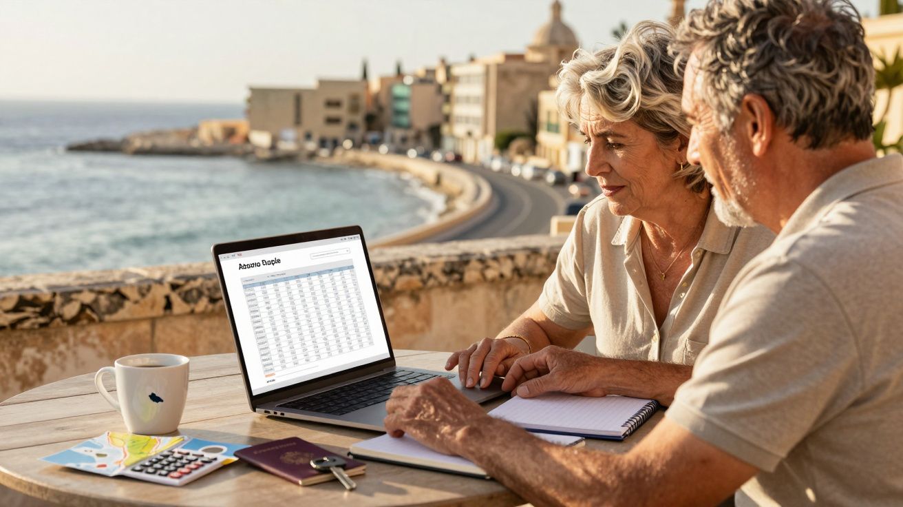 Pareja mayor trabajando en un portátil en una terraza frente al mar, con una libreta y café sobre la mesa.