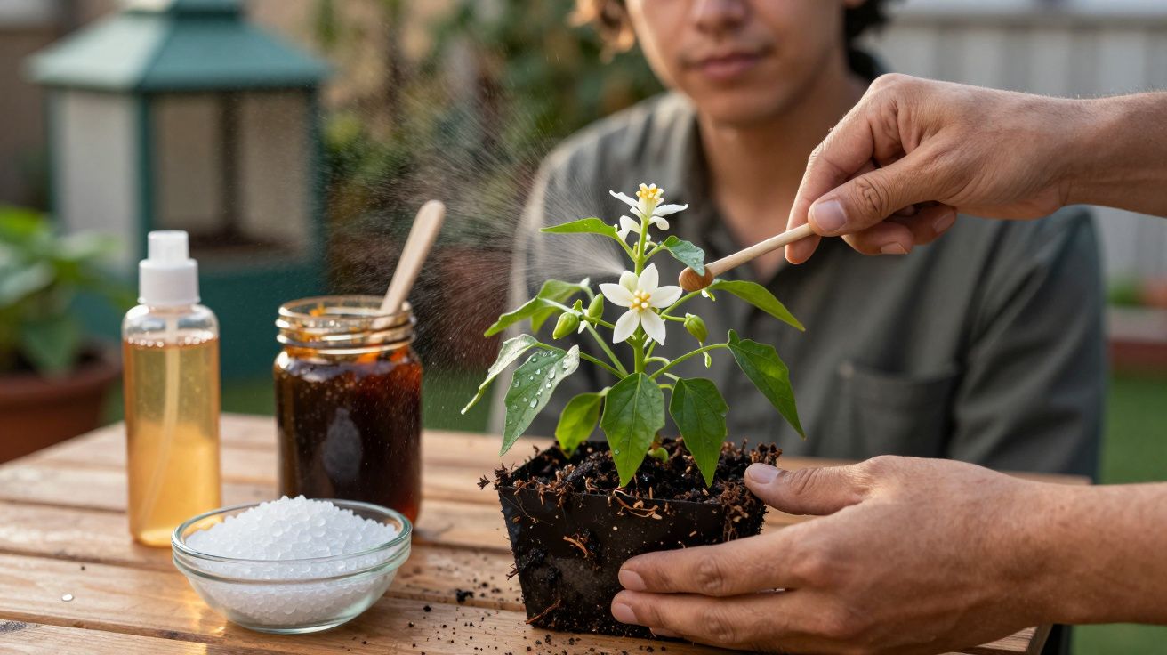 Manos cuidando planta con flores blancas en maceta, se observan frascos y una persona al fondo en jardín.