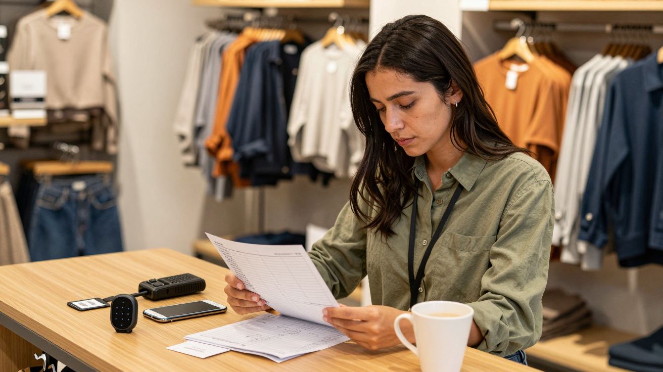 Mujer leyendo documentos en el mostrador de una tienda de ropa, con taza de café y walkie-talkie al lado.