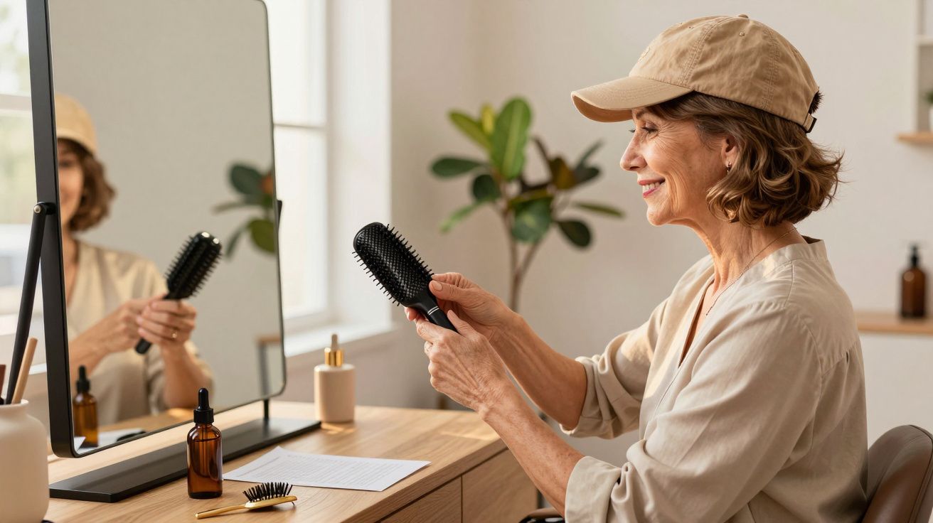Mujer mayor con gorra y cepillo delante de un espejo, en un tocador con productos de cuidado personal.