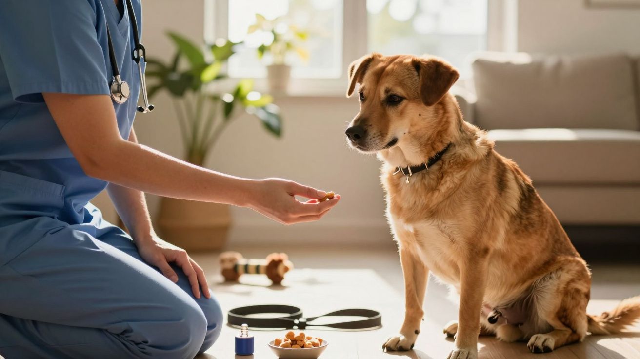 Veterinario dando golosina a perro marrón sentado en una sala iluminada.