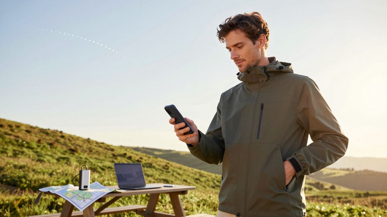 Hombre con chaqueta verde mira su móvil al aire libre. Mesa cercana con mapa, portátil y dispositivo. Paisaje verde y soleado