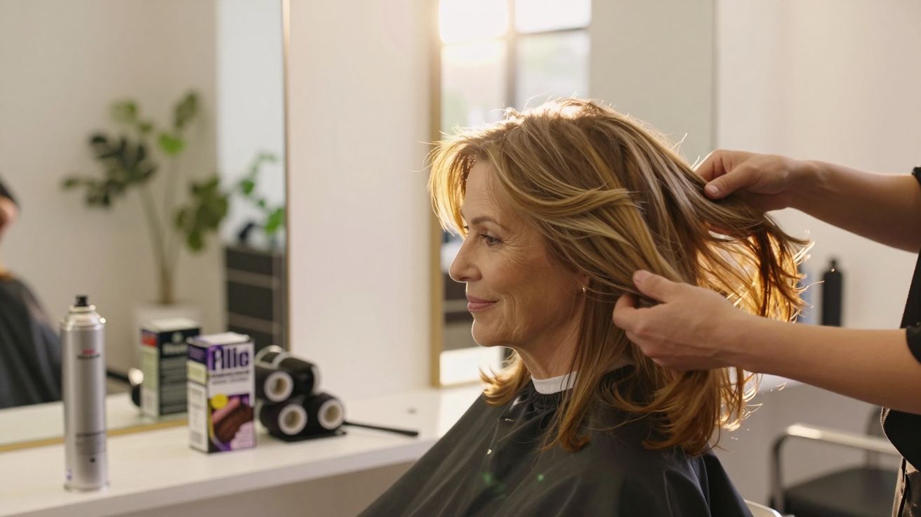 Mujer en peluquería siendo peinada por el estilista frente a un espejo con luz natural al atardecer.