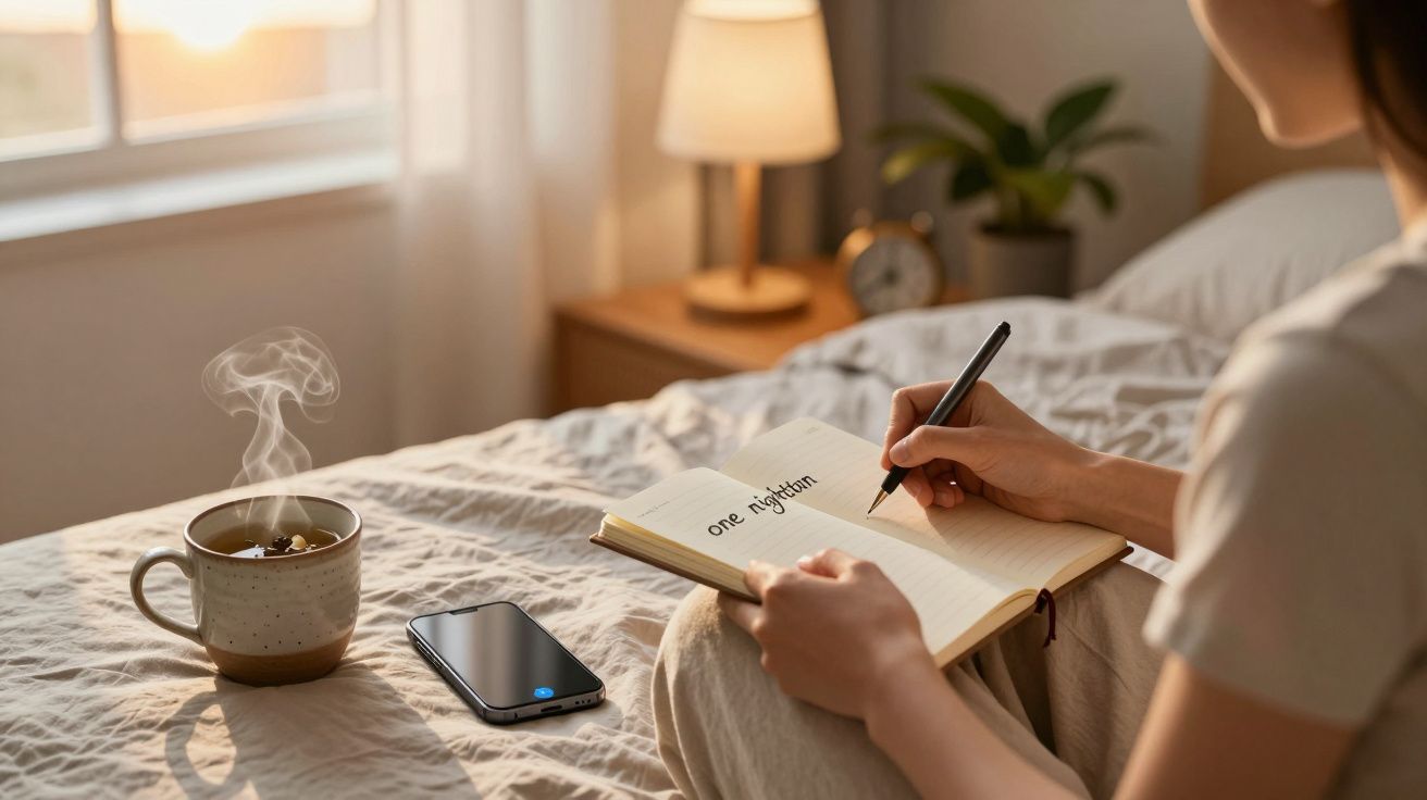 Persona escribe en un cuaderno sobre una cama, con una taza de café y un móvil al lado, iluminados por una lámpara.