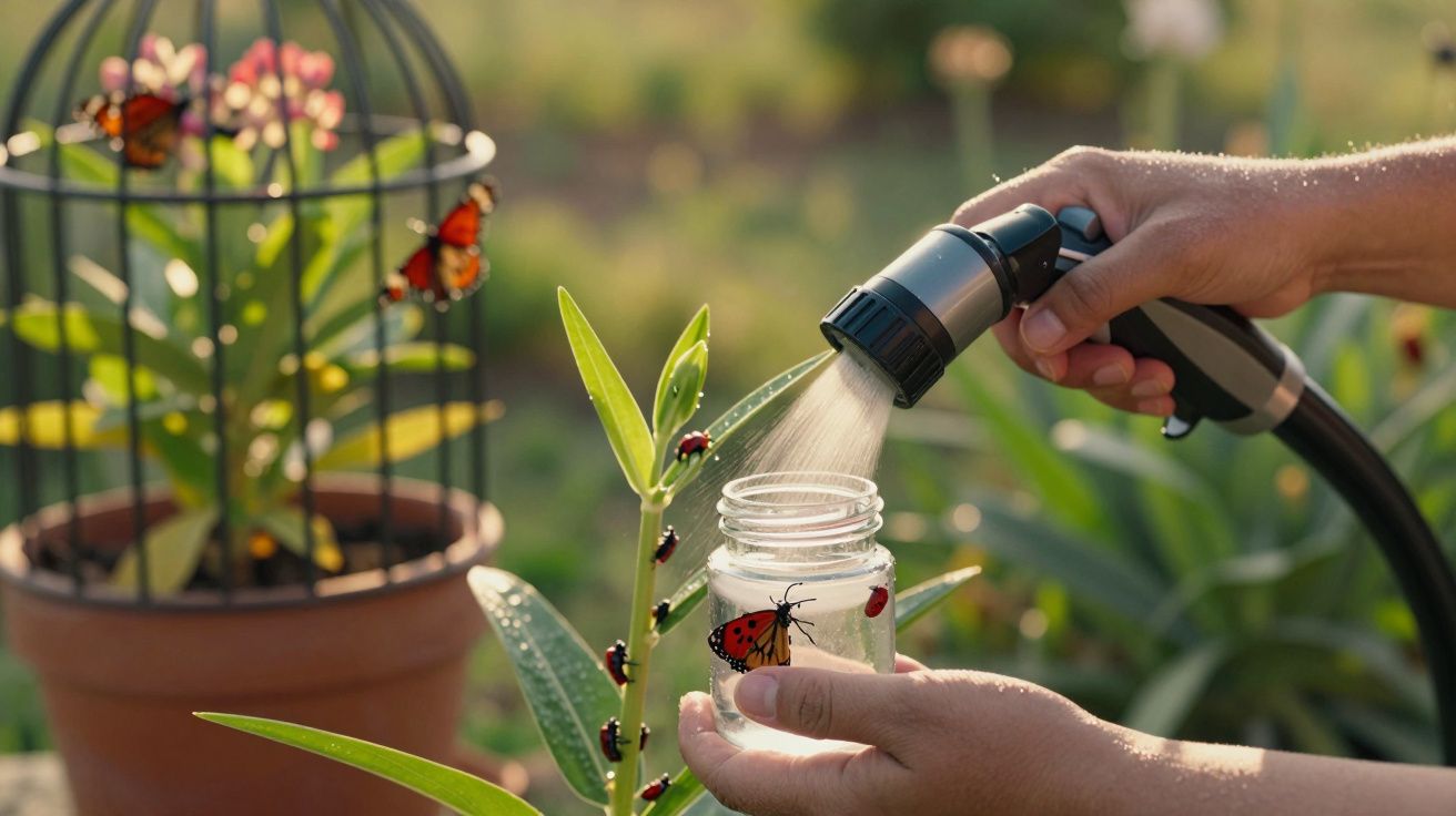 Manos regando plantas con mariquitas y mariposas en un jardín soleado.