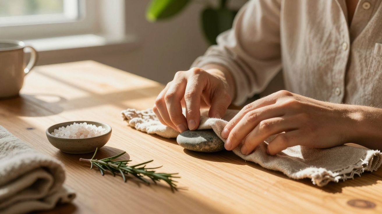 Manos envolviendo una piedra en tela sobre mesa de madera, junto a sal y rama de romero.