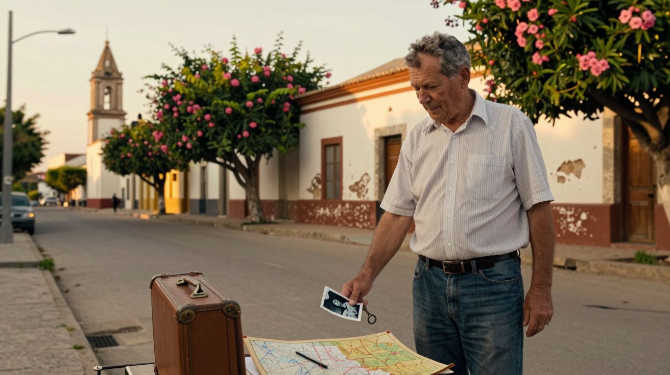 Hombre mayor en una calle tranquila, consultando un mapa junto a una maleta marrón, con árboles en flor y un edificio al fond