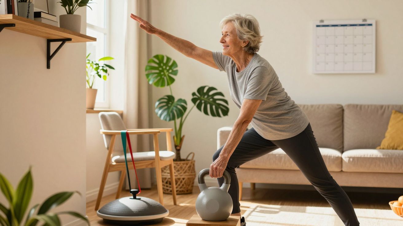 Mujer mayor haciendo ejercicio en casa con pesas y una pelota de equilibrio en una sala luminosa y bien decorada.