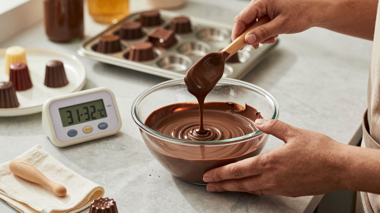 Manos remueven chocolate derretido en un bol, junto a un termómetro digital. Moldes de chocolate al fondo.