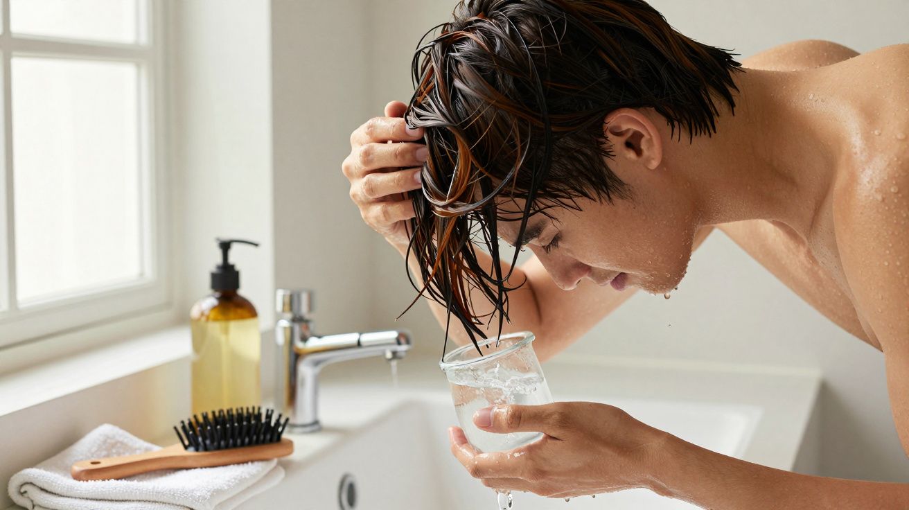 Hombre joven enjuagando su cabello en el lavabo con un vaso de agua; al fondo, cepillo y dispensador de jabón.