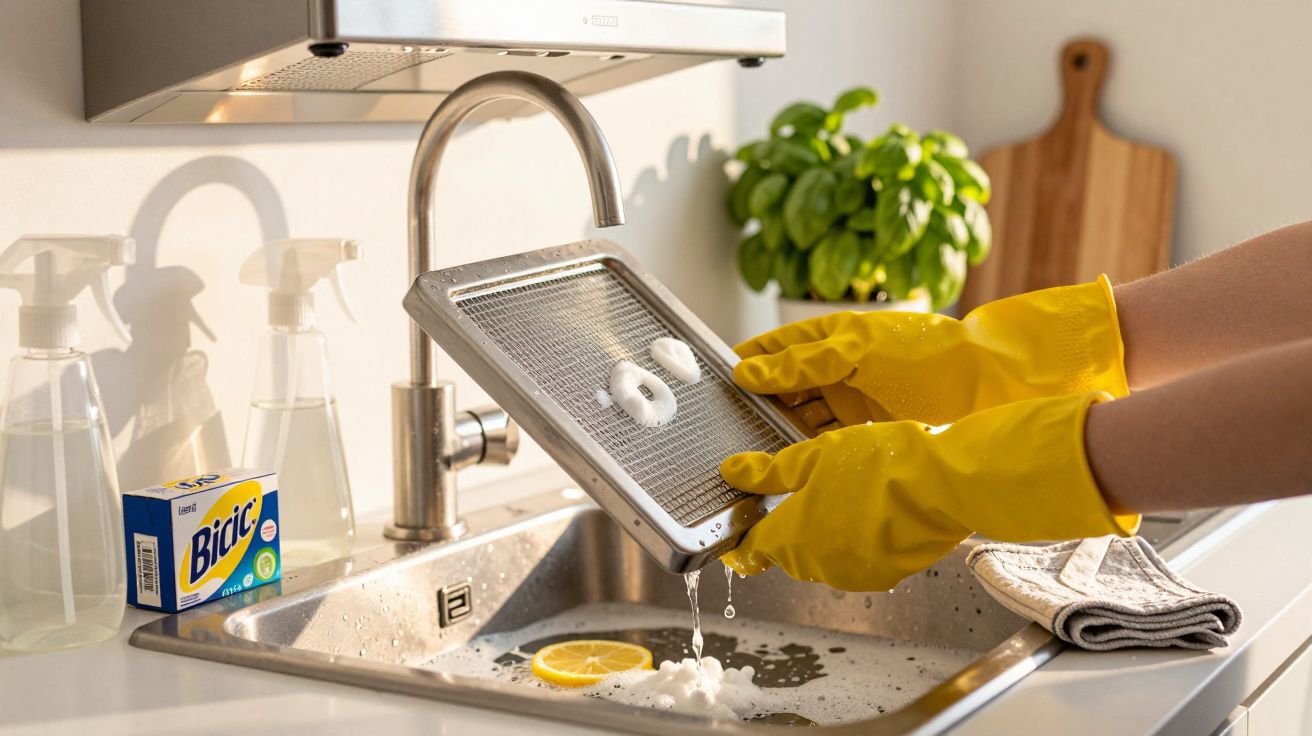 Manos con guantes amarillos lavan un filtro de campana en el fregadero, rodeado de productos de limpieza y un limón.