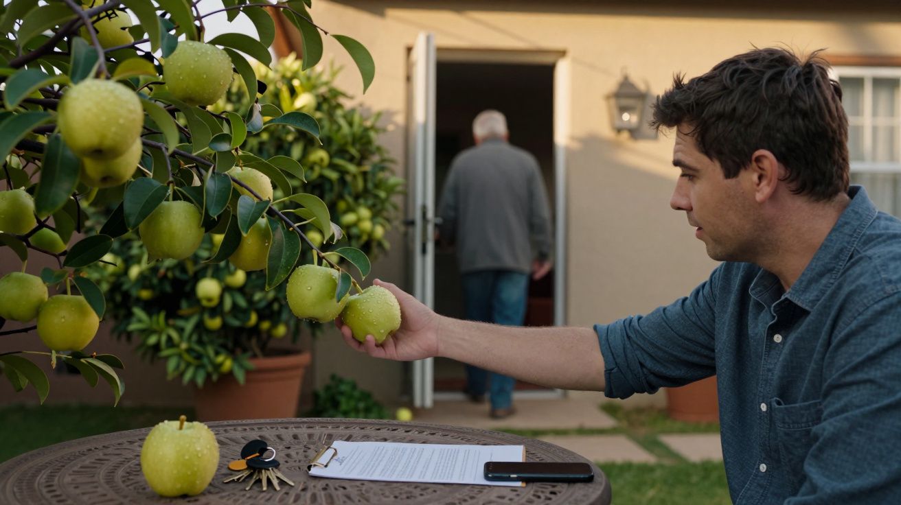 Hombre sentado en jardín recoge una manzana de árbol, con llaves y documentos sobre la mesa; otro hombre entra en la casa.