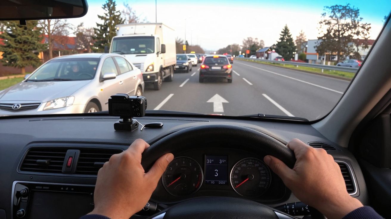 Vista desde el interior de un coche conduciendo por una carretera con tráfico en ambos sentidos y árboles al fondo.