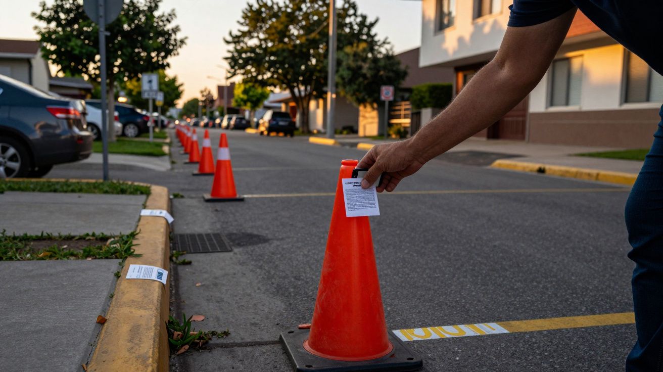 Persona ajustando un cono de tráfico naranja en una calle, con coches aparcados y árboles al fondo.