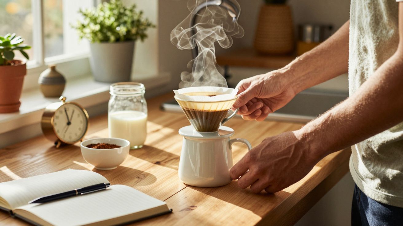 Persona preparando café filtrado en una cocina soleada, con tazas, leche y un reloj sobre la mesa de madera.
