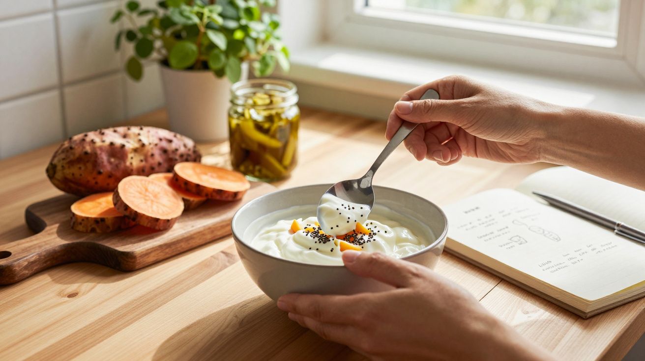 Manos sostienen bol de yogur con semillas junto a batata, pepinillos y libreta en mesa de madera cerca de ventana.