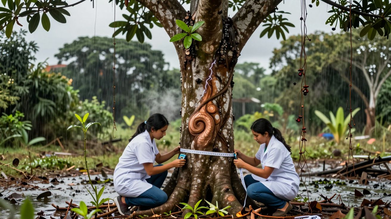 Dos científicas miden un árbol decorado en un entorno natural bajo la lluvia.