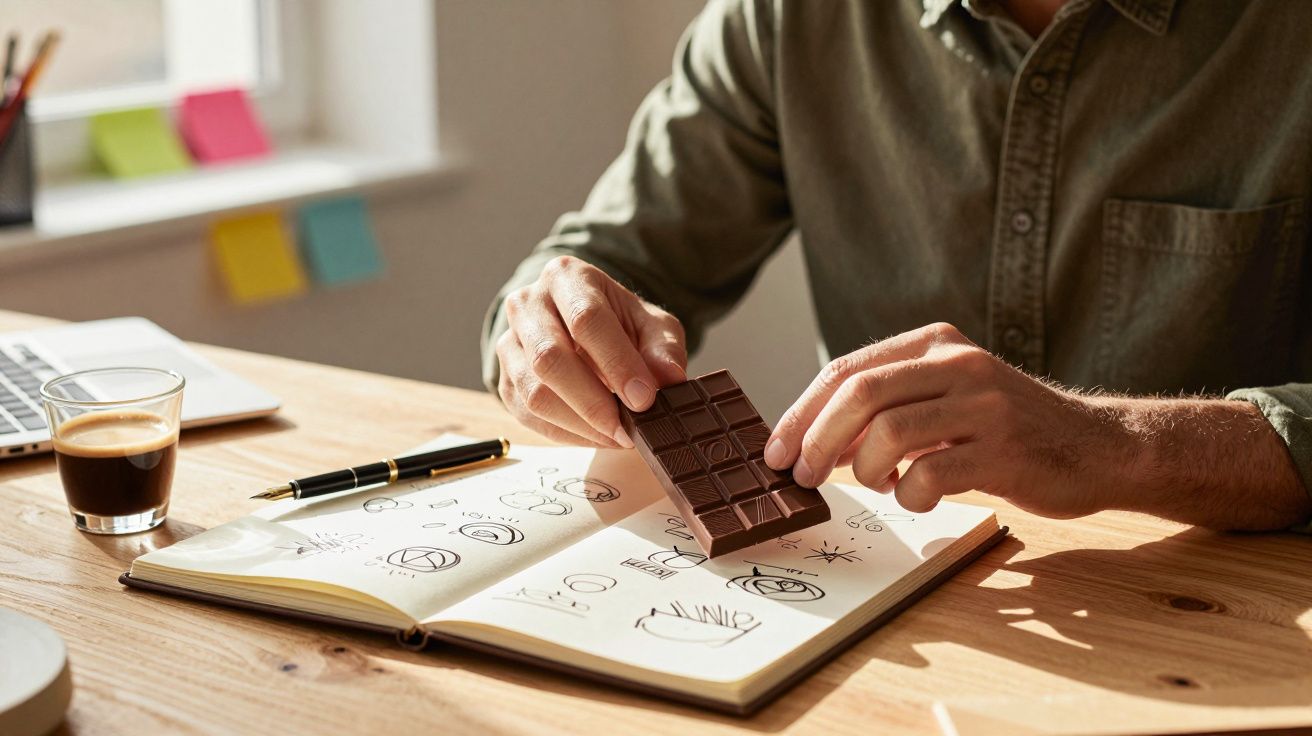 Persona sentada en un escritorio con libreta, sujetando una tableta de chocolate y una taza de café al lado.
