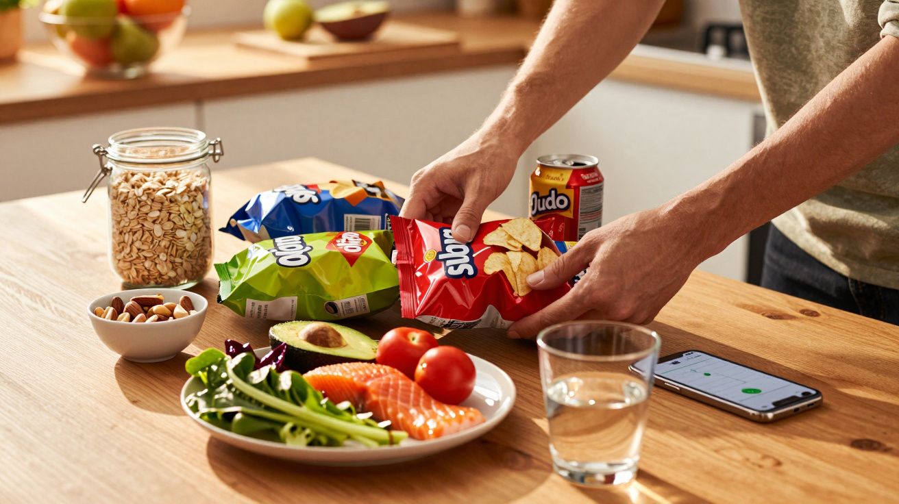 Persona organizando snacks y comida saludable sobre una mesa de cocina, con un vaso de agua y un móvil al lado.