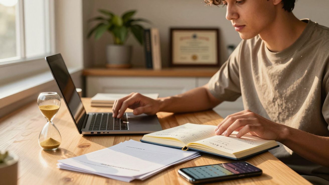 Persona estudiando en un escritorio con portátil, libro abierto, móvil y reloj de arena, con planta y diploma al fondo.