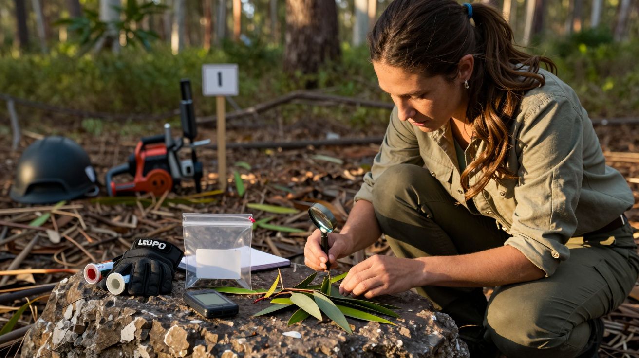 Mujer investigadora examinando hojas sobre una roca en un bosque, rodeada de equipo de campo.