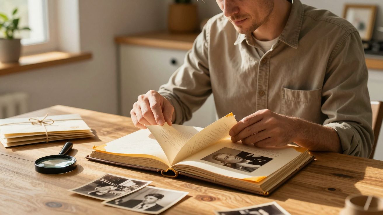 Hombre revisando un álbum de fotos antiguo en una mesa, rodeado de imágenes en blanco y negro y una lupa.
