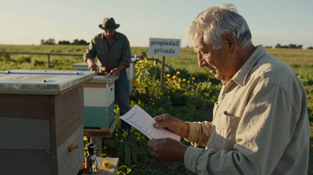 Hombre mayor lee un documento junto a colmenas; cartel de "propiedad privada" en el fondo.