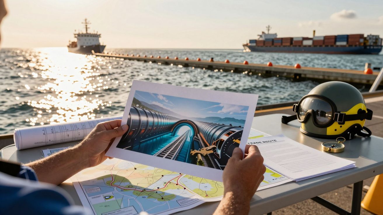 Persona revisa planos y foto en un puerto con barcos al fondo. Casco y mapas sobre la mesa.