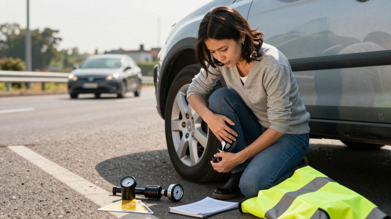 Mujer revisando la presión de los neumáticos mientras se encuentra junto a un coche en la carretera con chaleco reflectante.