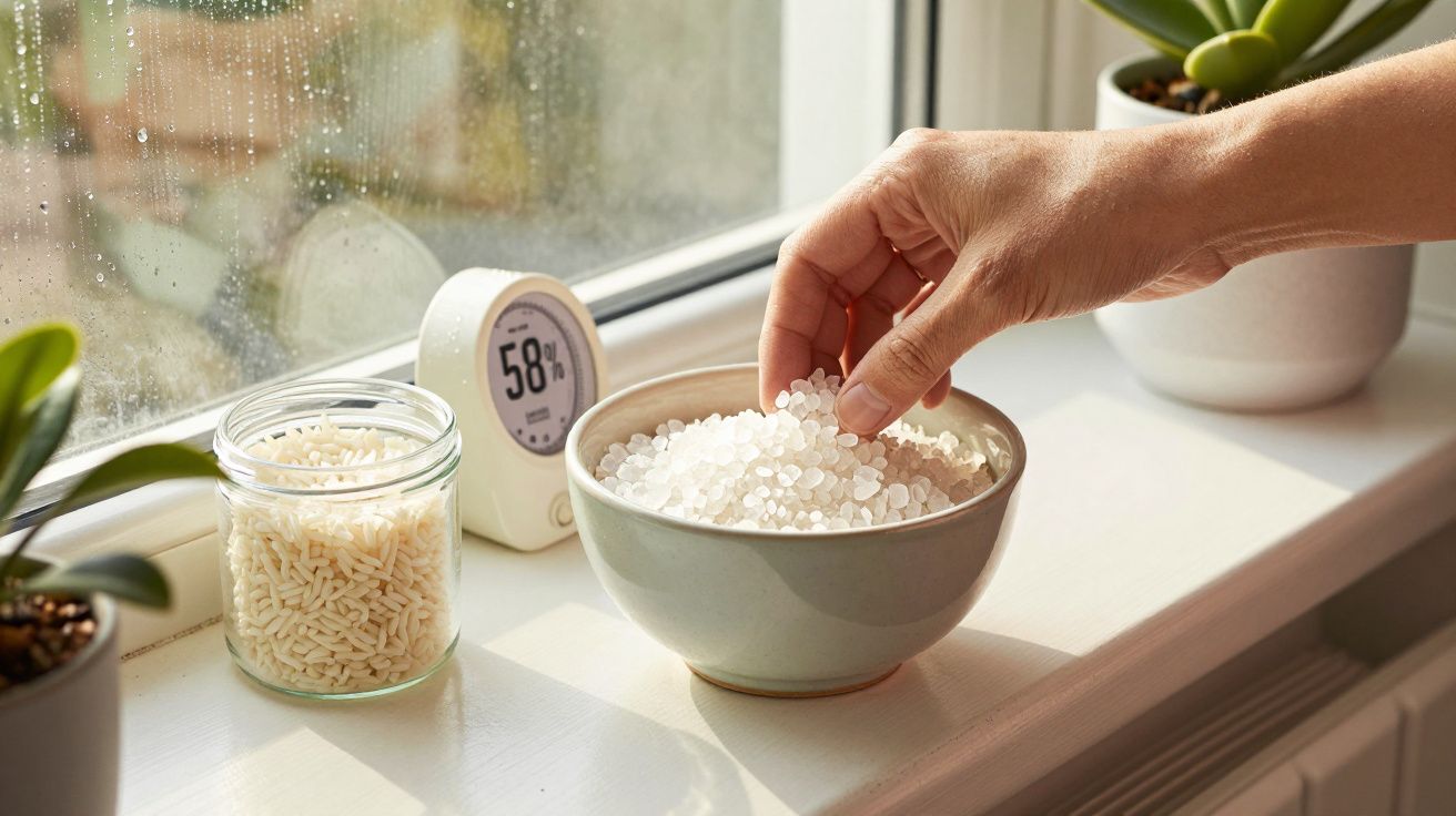 Mano tomando cristales de un cuenco en un alféizar junto a un tarro de arroz y un termohigrómetro que marca 58% de humedad.