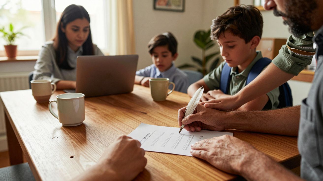 Familia reunida en una mesa trabajando, con portátil y papeles, rodeada de tazas de café. Niño y adulto escriben.